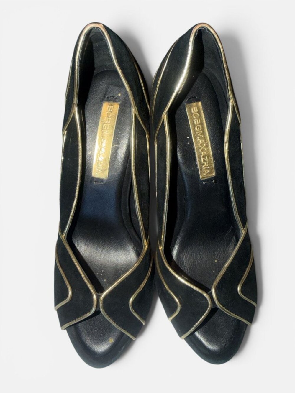 BCBGMaxazria Linden Peep-toe Pump Womens 6.5 Black Suede Gold Trim Platform Heel - Picture 4 of 9